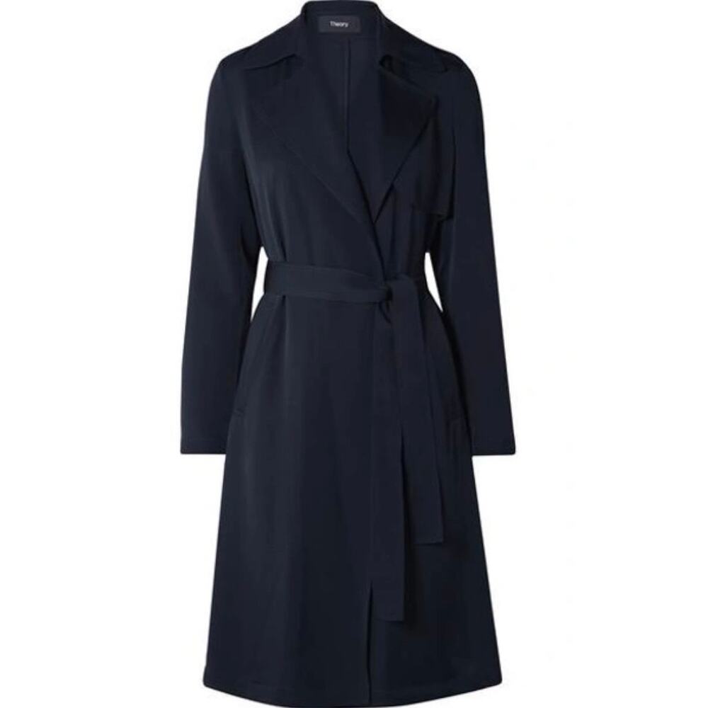 THEORY SILK TRENCH Coat Midnight Blue Sz Large NWT Elegant Designer Classic Fit - Picture 12 of 12